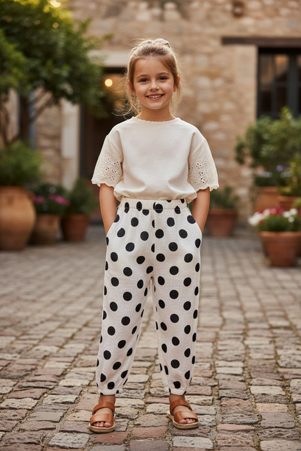 Pantalon En Lin Blanc À Pois Noirs Ample Enfant