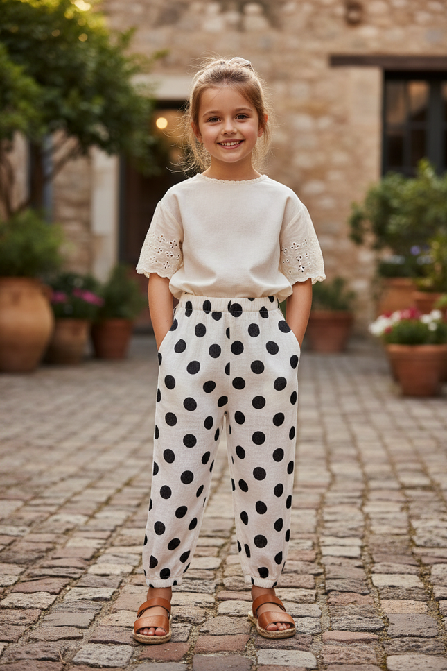 Pantalon En Lin Blanc À Pois Noirs Ample Enfant