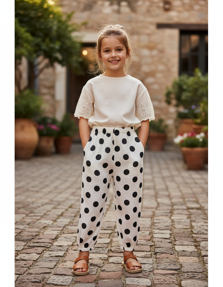 Pantalon En Lin Blanc À Pois Noirs Ample Enfant