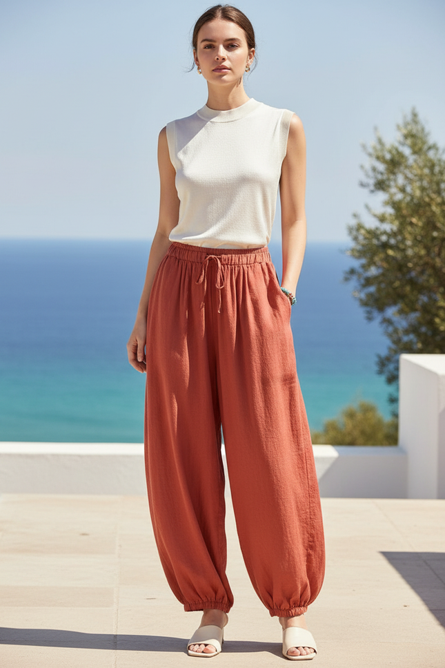 Pantalon En Lin Ample Orange Texturé Femme