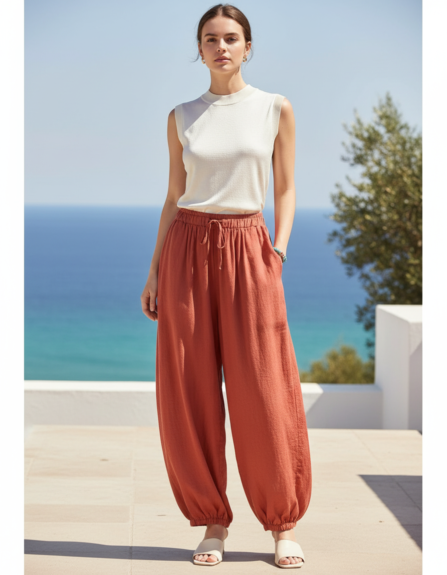 Pantalon En Lin Ample Orange Texturé Femme