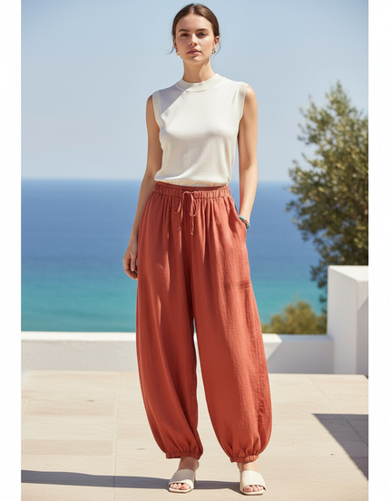 Pantalon En Lin Ample Orange Texturé Femme
