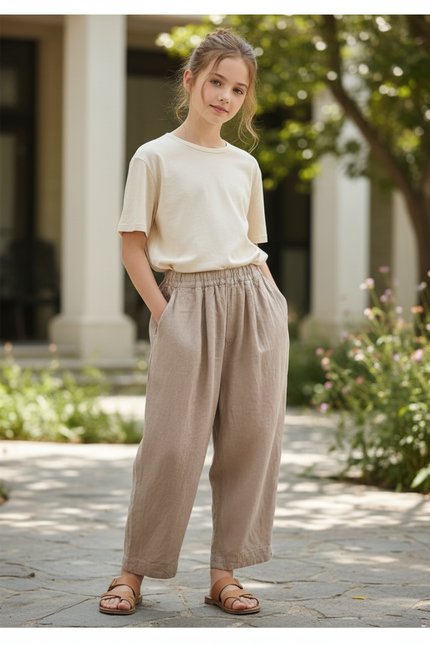 Pantalon En Lin Ample Beige Décontracté Confortable