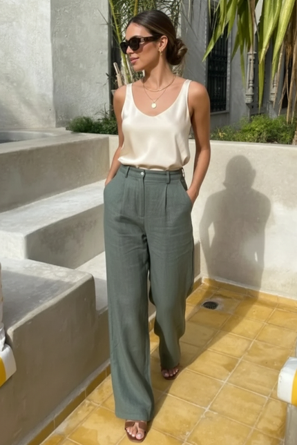 Pantalon En Lin Vert Ample Plissé Décontracté Fluide - Kaki