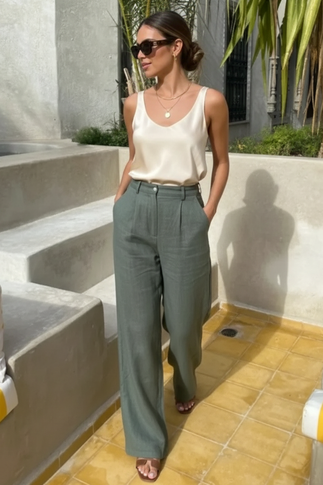 Pantalon En Lin Vert Ample Plissé Décontracté Fluide - Kaki