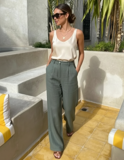 Pantalon En Lin Vert Ample Plissé Décontracté Fluide - Kaki