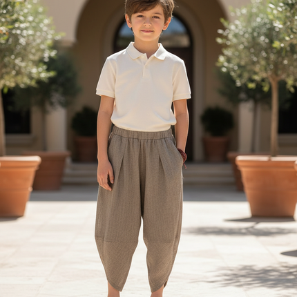 Pantalon En Lin Harem Ample Plissé Marron Enfant
