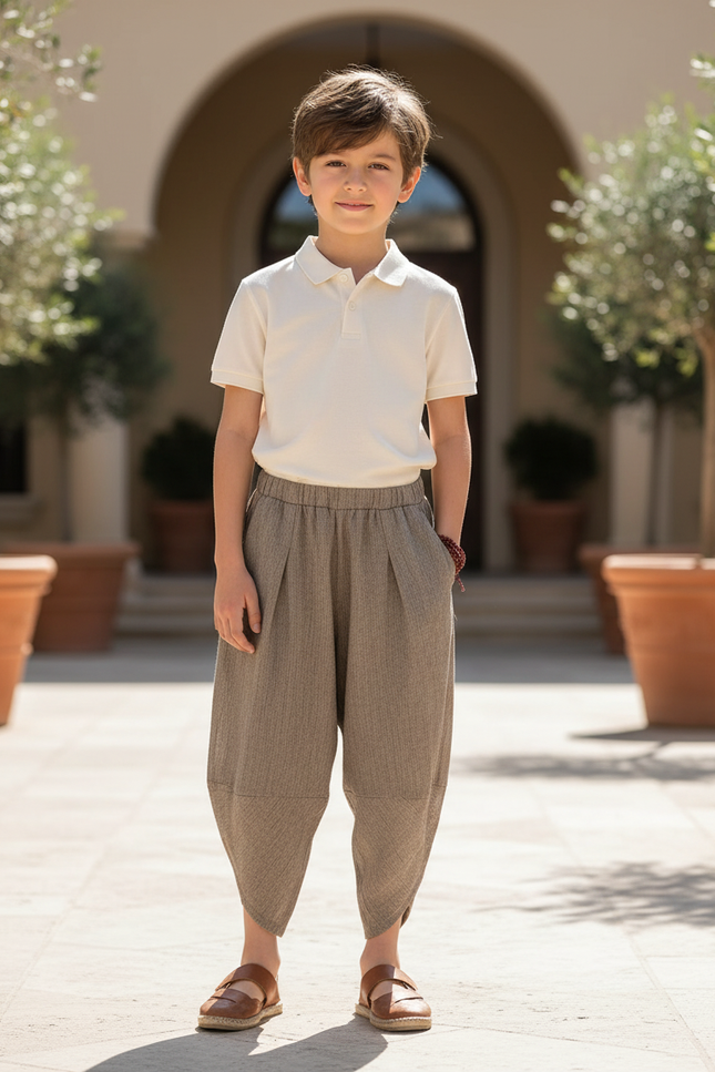 Pantalon En Lin Harem Ample Plissé Marron Enfant