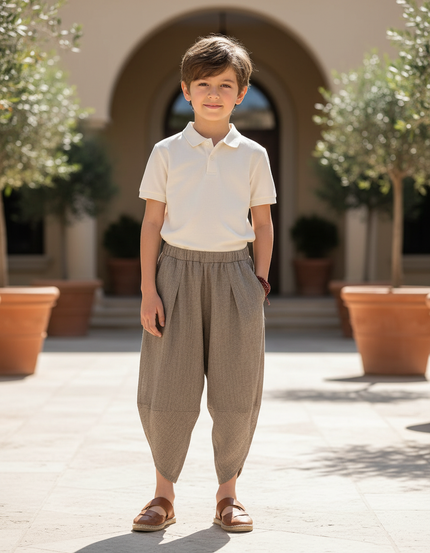Pantalon En Lin Harem Ample Plissé Marron Enfant