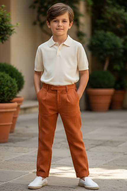 Pantalon En Lin Orange Plissé Enfant Élégant Décontracté