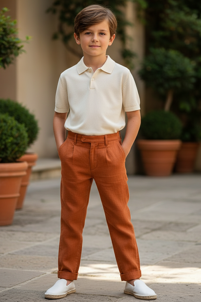 Pantalon En Lin Orange Plissé Enfant Élégant Décontracté