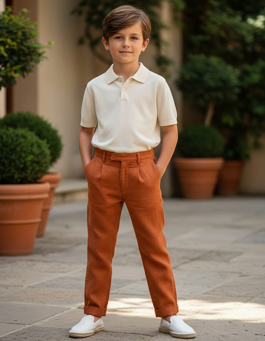 Pantalon En Lin Orange Plissé Enfant Élégant Décontracté