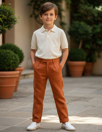 Pantalon En Lin Orange Plissé Enfant Élégant Décontracté