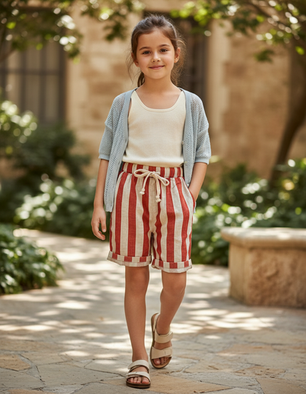 Pantalon En Lin Rayé Rouge Blanc Cordon Enfant - Multicolore