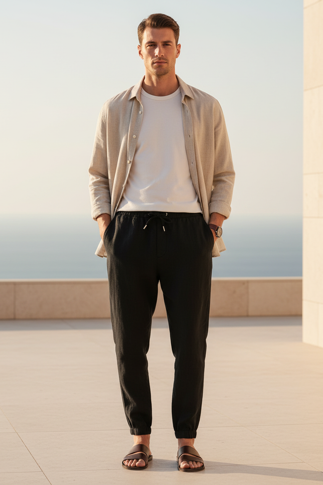Pantalon En Lin Noir Cordon Décontracté Fluide Homme