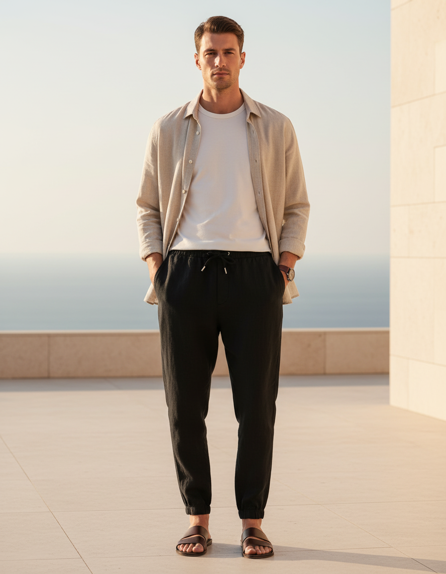 Pantalon En Lin Noir Cordon Décontracté Fluide Homme