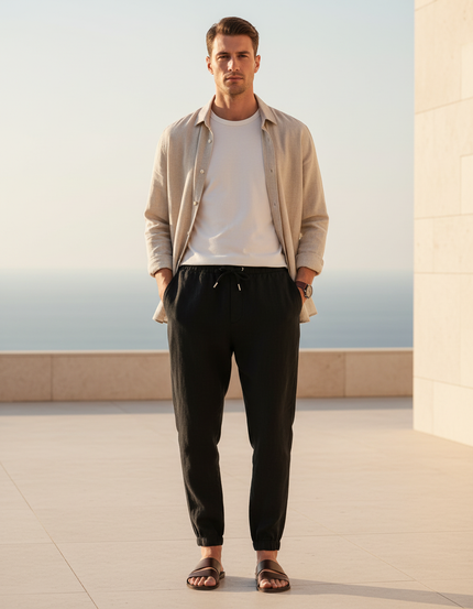 Pantalon En Lin Noir Cordon Décontracté Fluide Homme