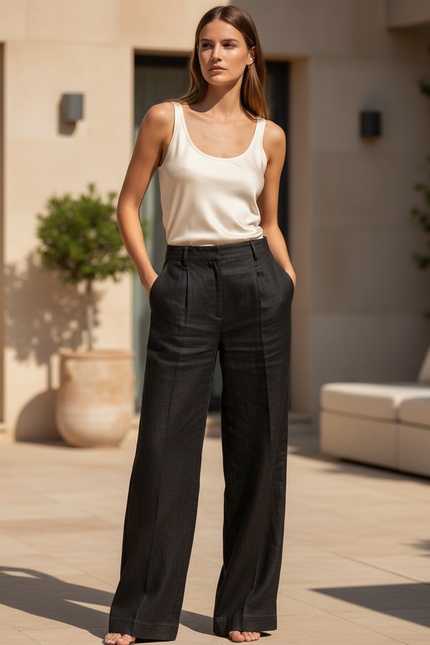 Pantalon En Lin Noir Ample Décontracté Fluide Élégant