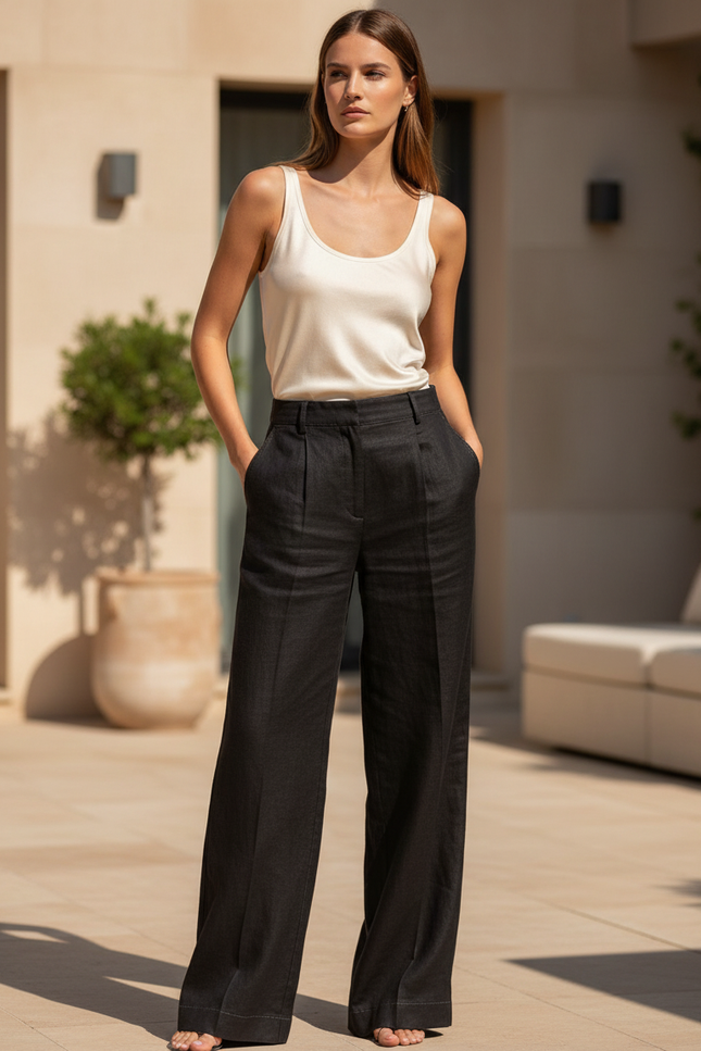 Pantalon En Lin Noir Ample Décontracté Fluide Élégant