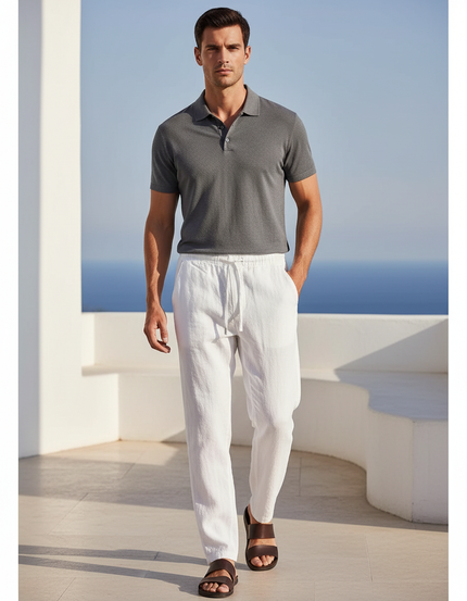 Pantalon En Lin Blanc Décontracté Homme Cordon Léger