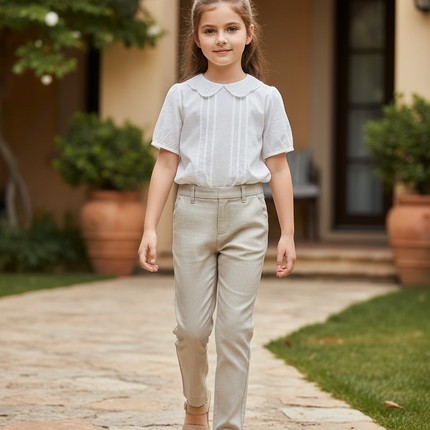 Pantalon En Lin Beige Coupe Droite Enfant Élégant