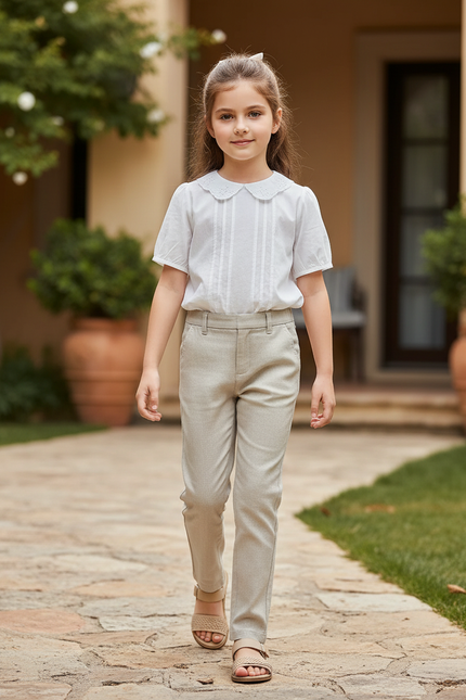 Pantalon En Lin Beige Coupe Droite Enfant Élégant