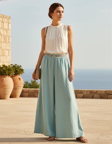 Pantalon En Lin Ample Bleu Ciel Fluide Élégant Femme