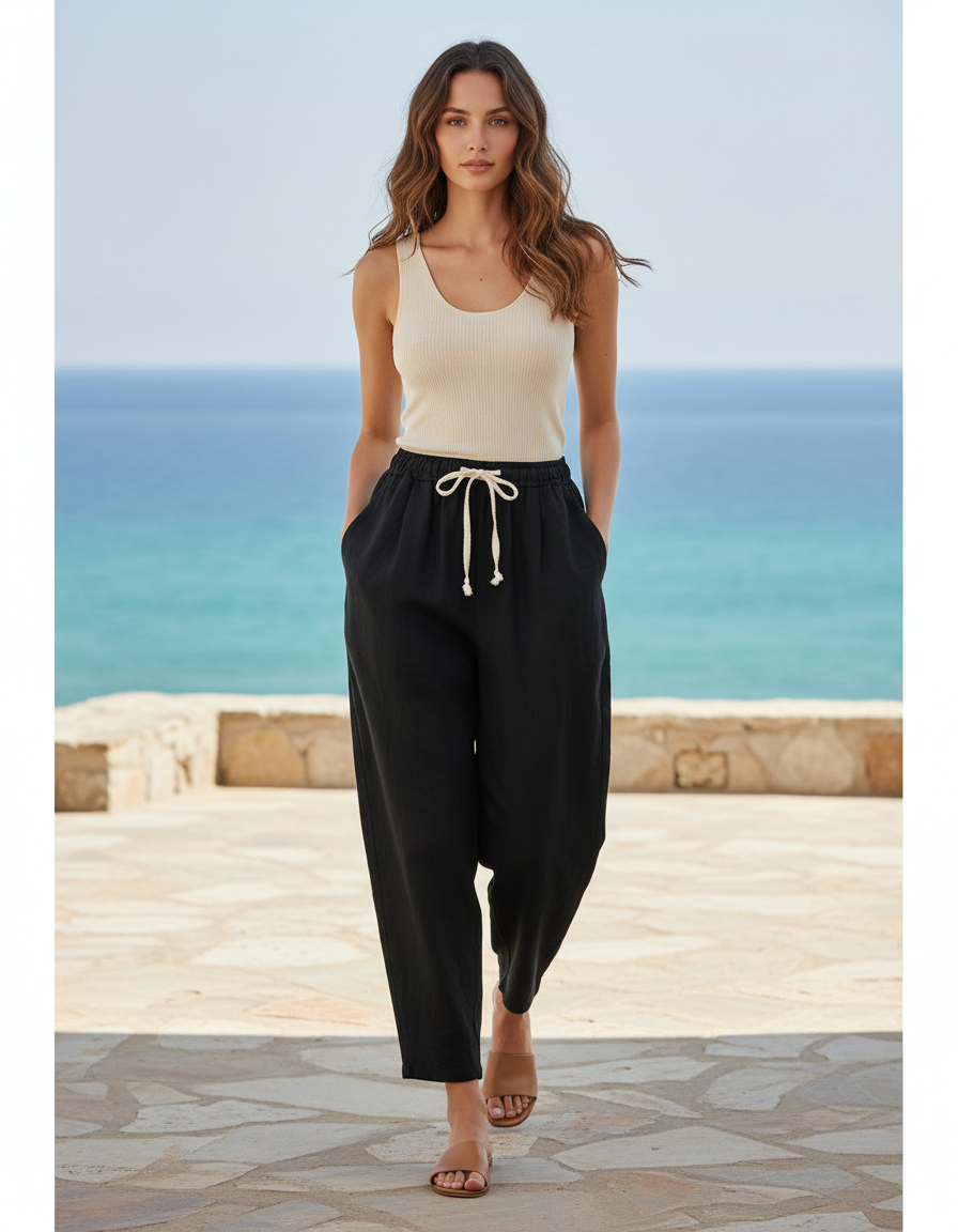 Pantalon Noir Femme Lin