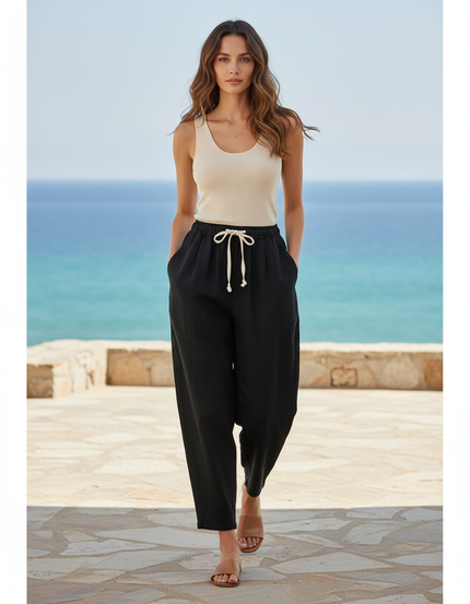 Pantalon Noir Femme Lin