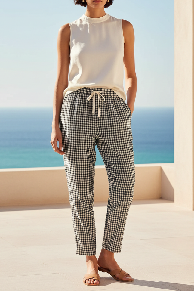 Pantalon En Lin Carreaux Ample Coton Décontracté Taille Élastique - Imprimé