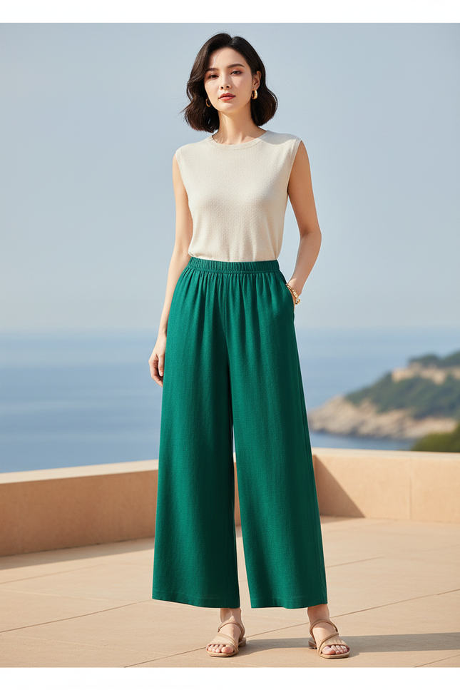 Pantalon En Lin Vert Ample Femme Décontracté Fluide