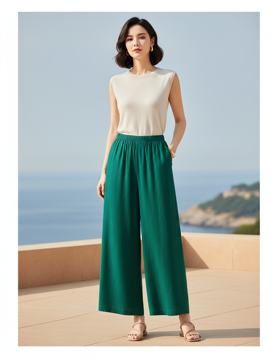 Pantalon En Lin Vert Ample Femme Décontracté Fluide