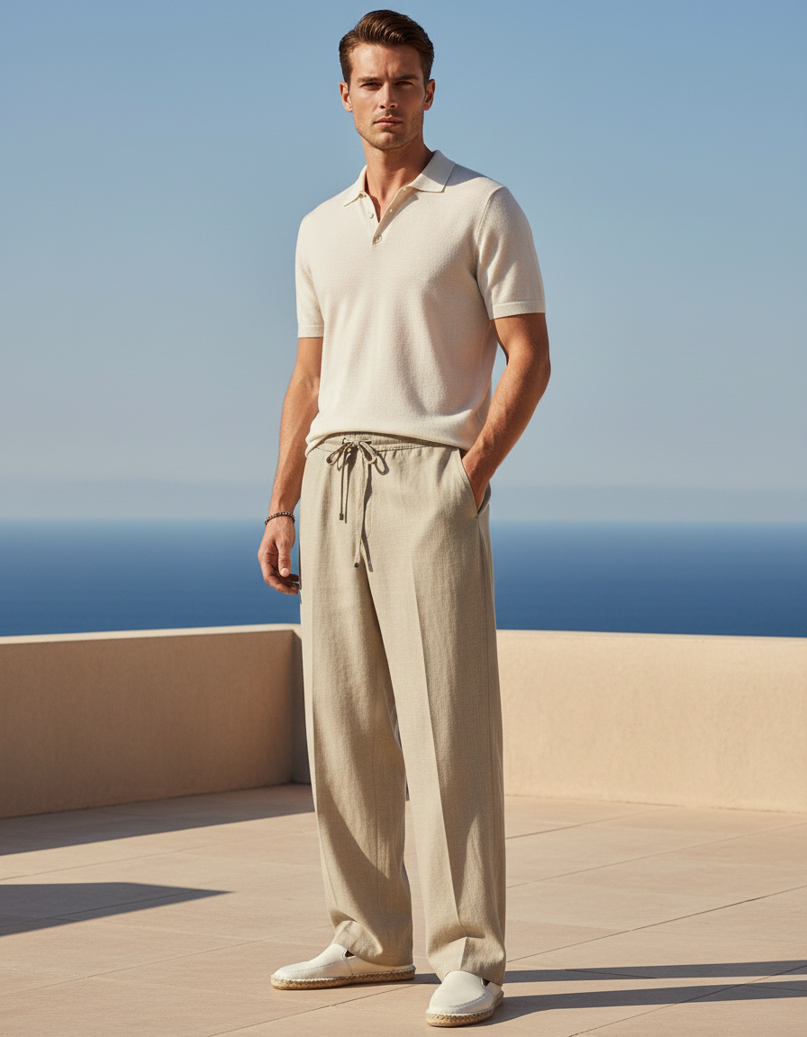 Pantalon En Lin Beige Homme Ample Droit Élégant