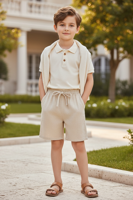 Pantalon En Lin Beige Garçon Cordon Décontracté Court