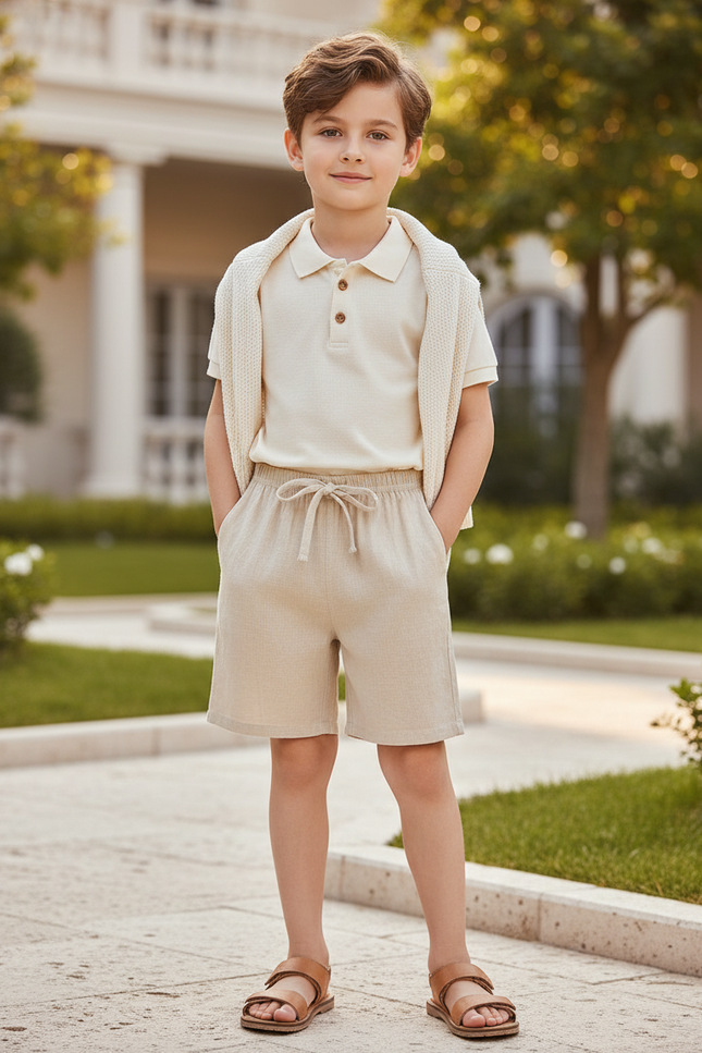 Pantalon En Lin Beige Garçon Cordon Décontracté Court