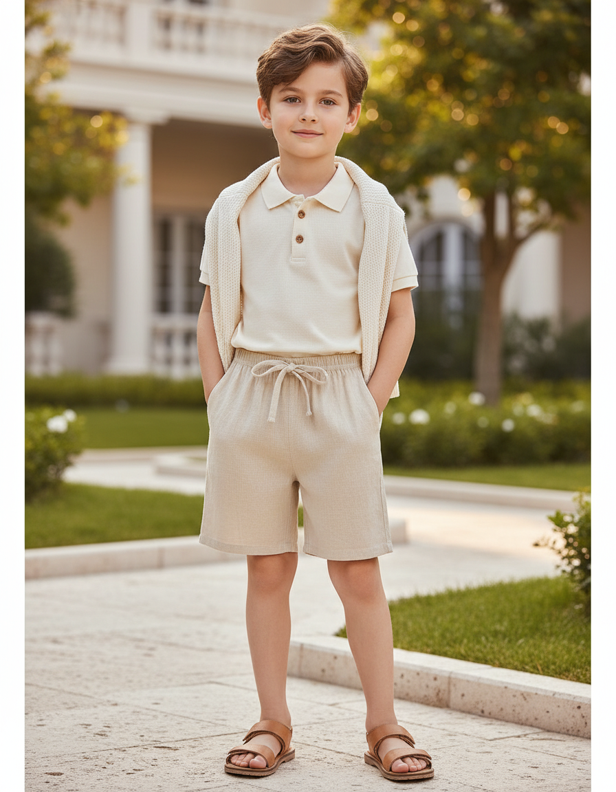 Pantalon En Lin Beige Garçon Cordon Décontracté Court