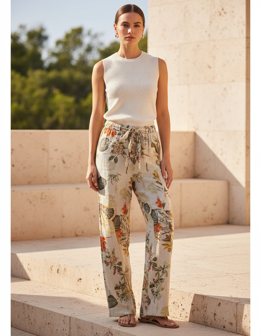 Pantalon Lin Decontracte Femme - Imprimé