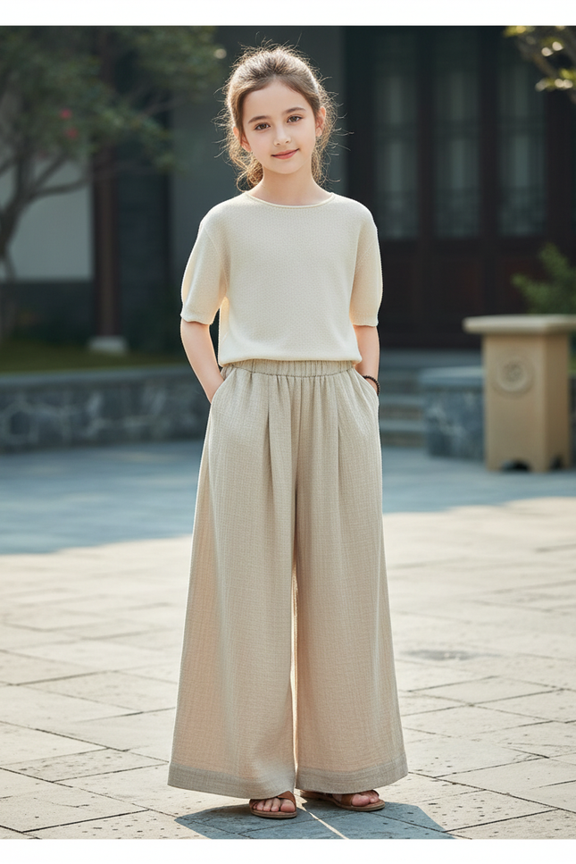 Pantalon En Lin Beige Ample Fluide Confortable Femme