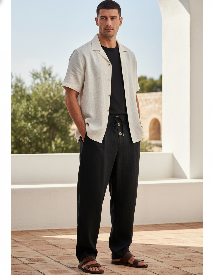 Pantalon En Lin Noir Ample Décontracté Cordon Léger