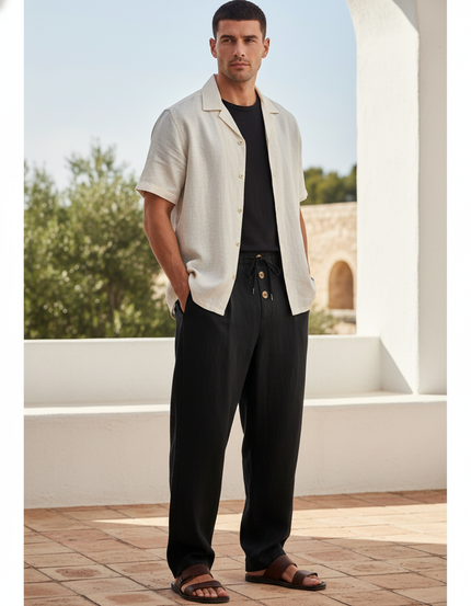 Pantalon En Lin Noir Ample Décontracté Cordon Léger
