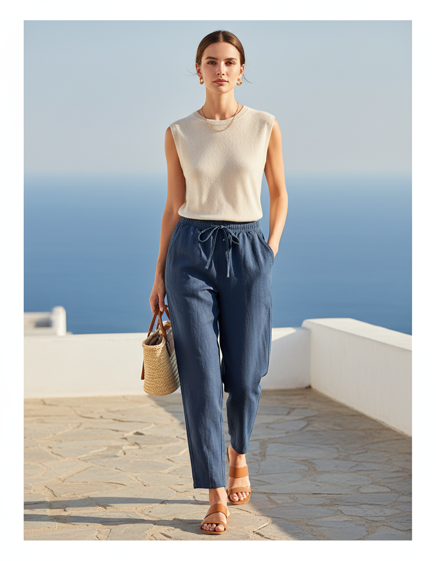 Pantalon En Lin Bleu Cordon Taille Élastique Décontracté Femme