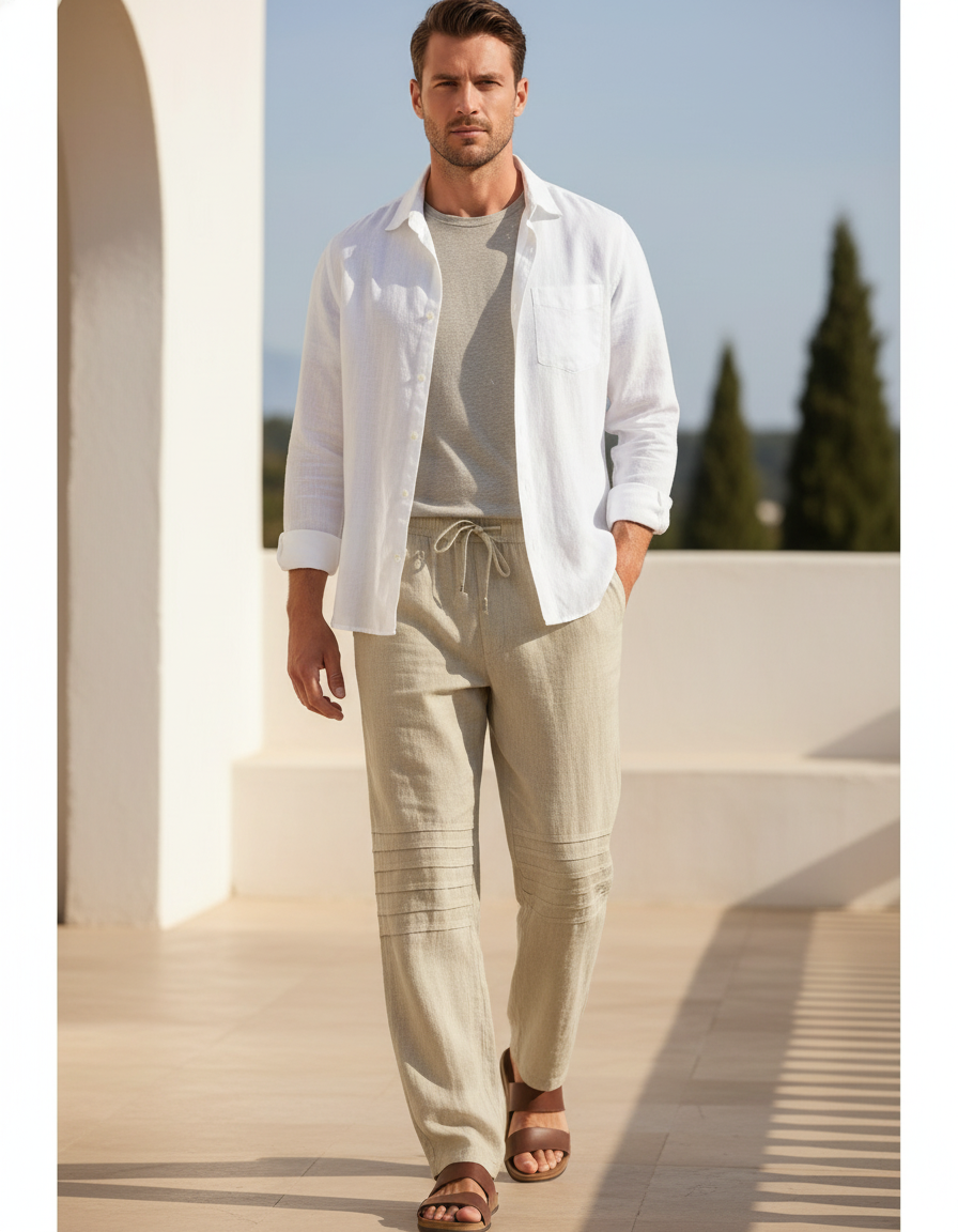 Pantalon En Lin Homme Beige Ample Décontracté Cordon