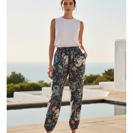 Pantalon En Lin Imprimé Floral Ample Fluide Estival - Multicolore