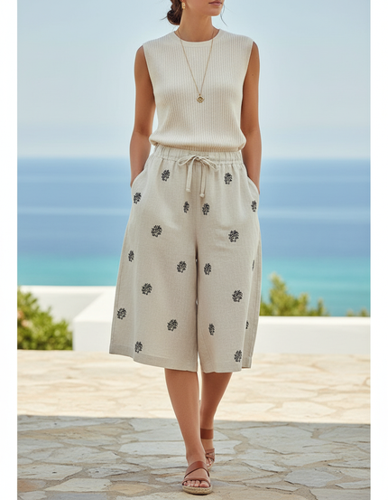 Pantalon En Lin Beige Brodé Ample Décontracté Court