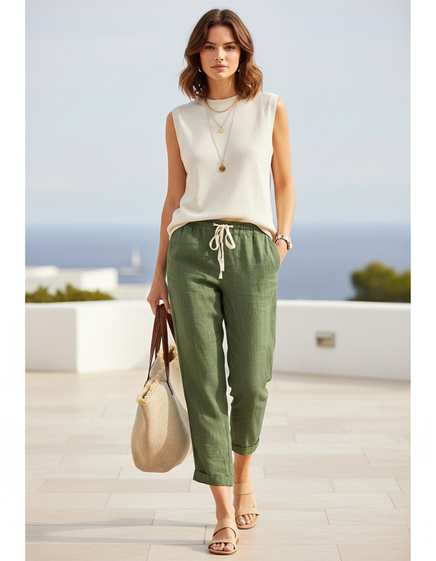 Pantalon Lin Chino Femme - Kaki