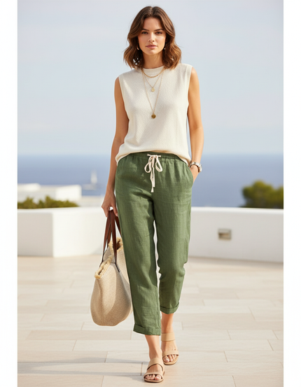 Pantalon Lin Chino Femme - Kaki