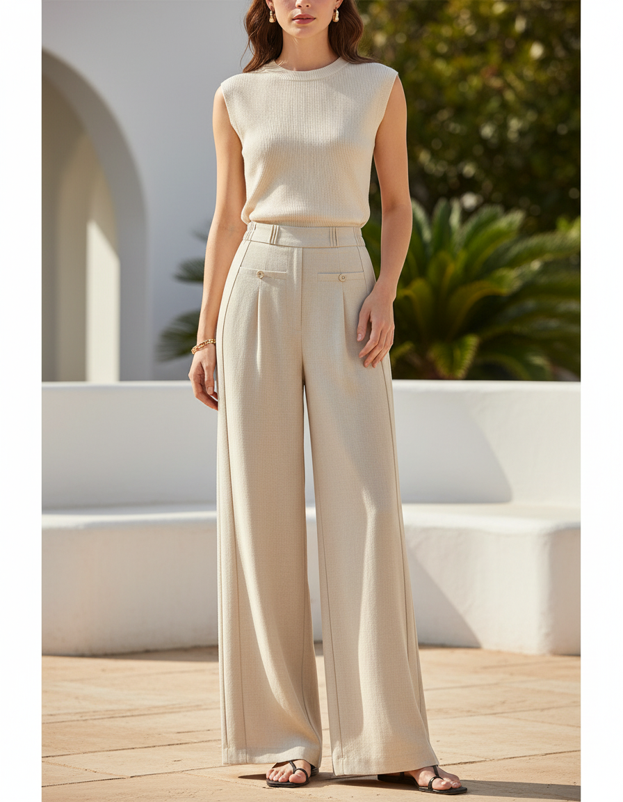 Pantalon En Lin Beige Ample Fluide Élégant Décontracté