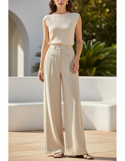 Pantalon En Lin Beige Ample Fluide Élégant Décontracté