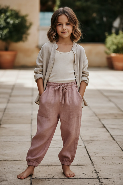 Pantalon En Lin Rose Ample Cordon Enfant