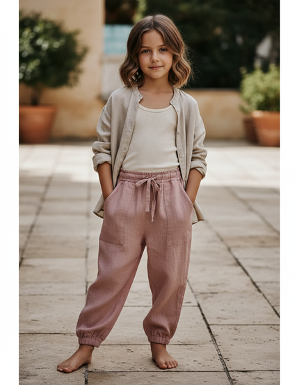 Pantalon En Lin Rose Ample Cordon Enfant